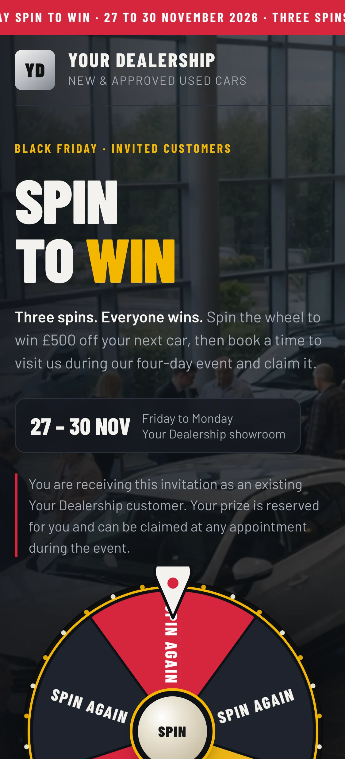 Black Friday Spin to Win example page in red, black and gold