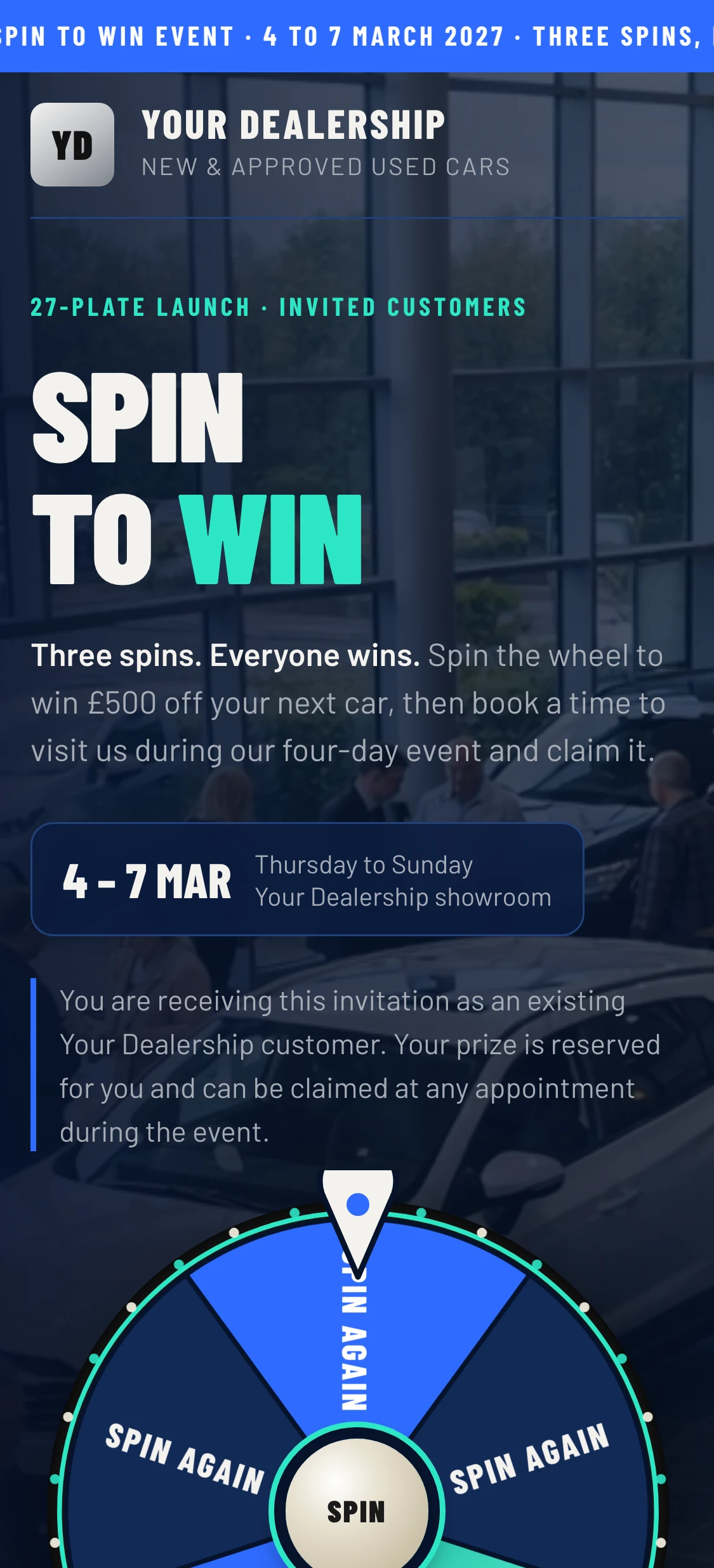 27-plate launch Spin to Win example page in navy, blue and mint