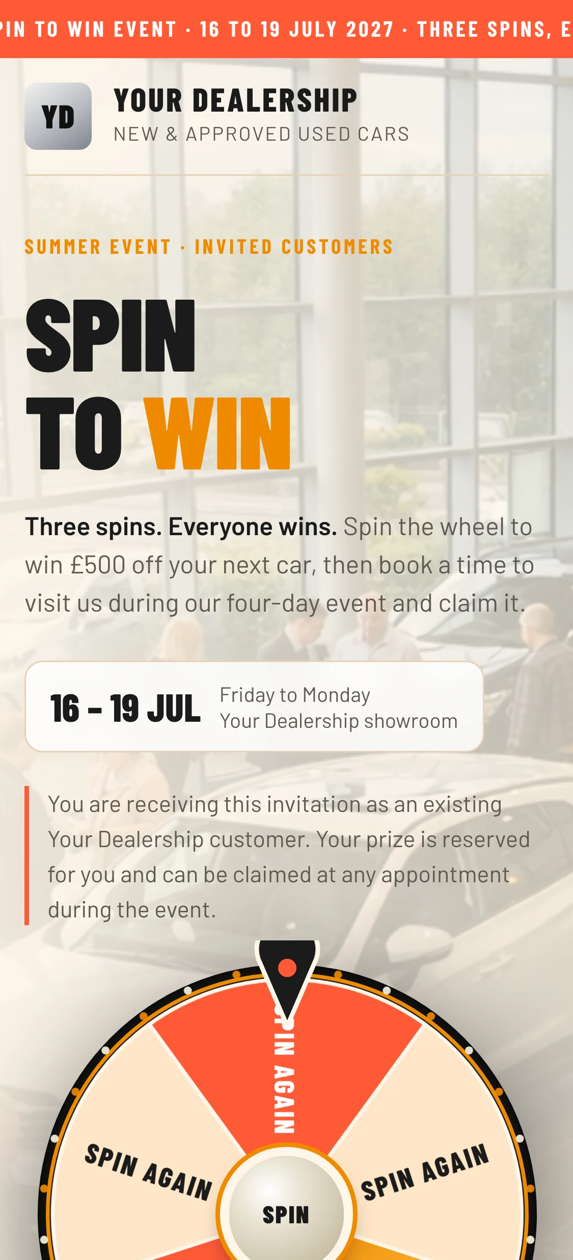 Summer event Spin to Win example page in cream, coral and orange